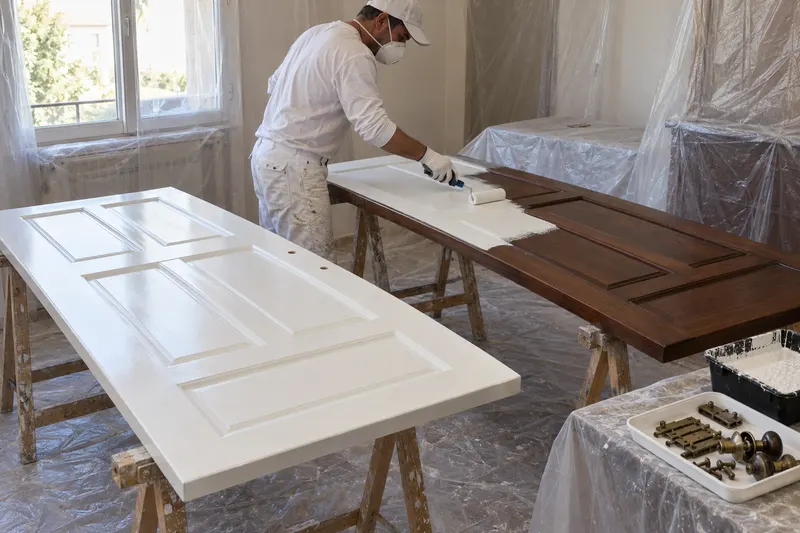Lacar puertas en blanco en Elda: dos puertas sobre caballetes, una lacada y otra en madera oscura