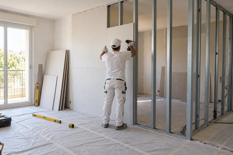 Tabique de pladur en Elda: placas atornilladas a un tabique nuevo en un salón en reforma