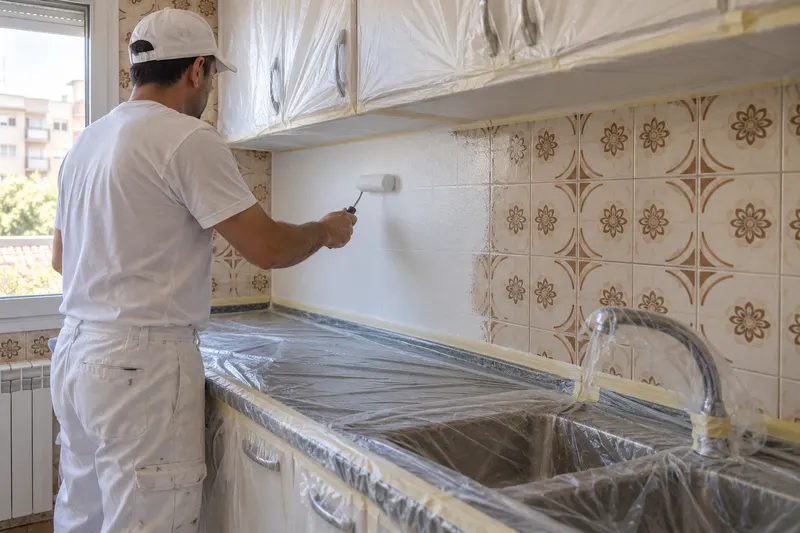 Pintar azulejos de cocina sin obra en Elda: pintor pintando de blanco los azulejos antiguos