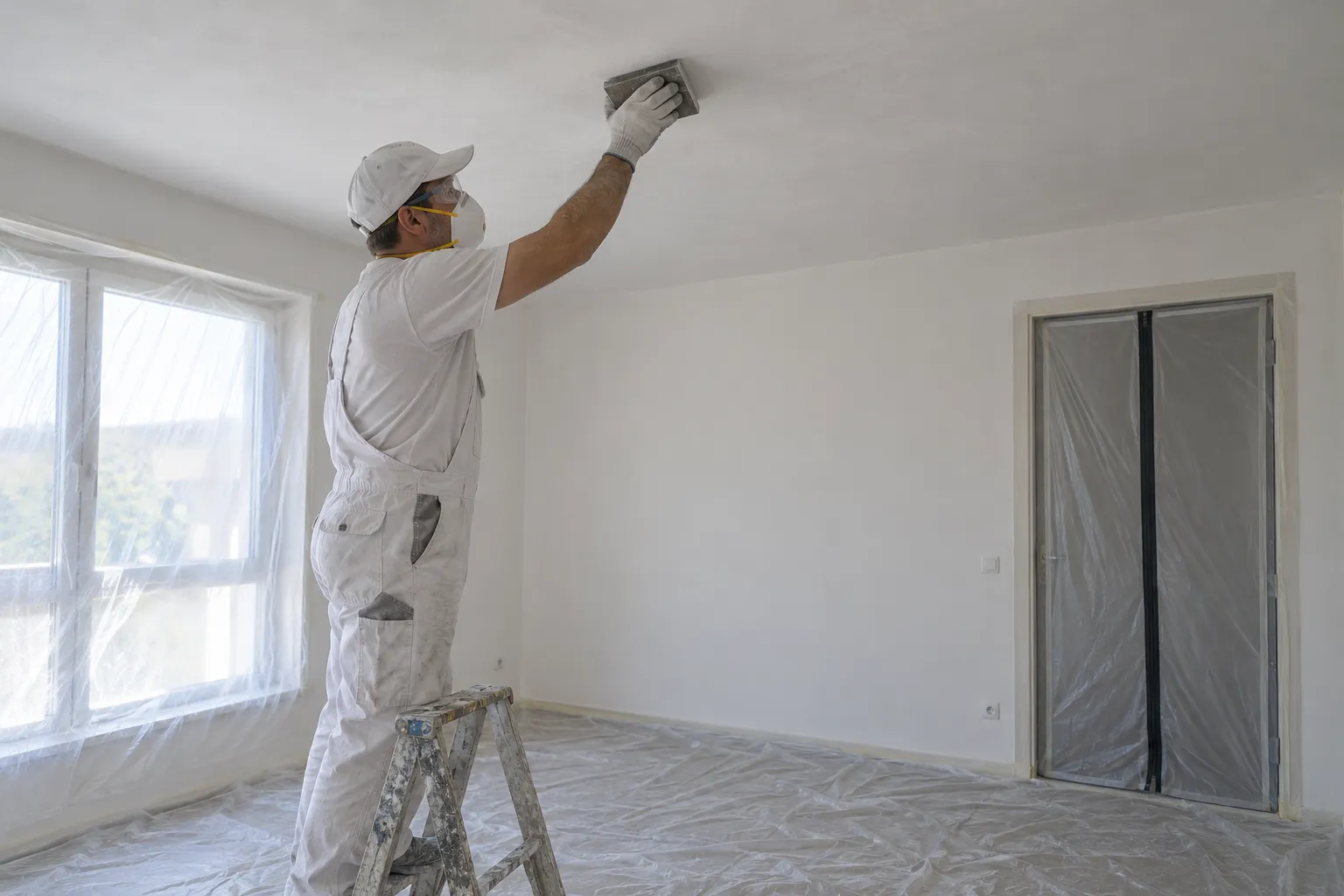 Quitar gotelé del techo en Elda: pintor lijando un techo ya alisado en una habitación protegida