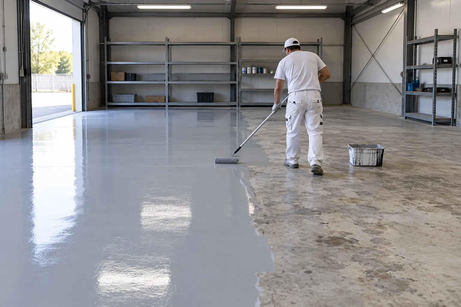 Pintura epoxi para suelos en Elda: suelo de una nave a medio pintar en gris claro